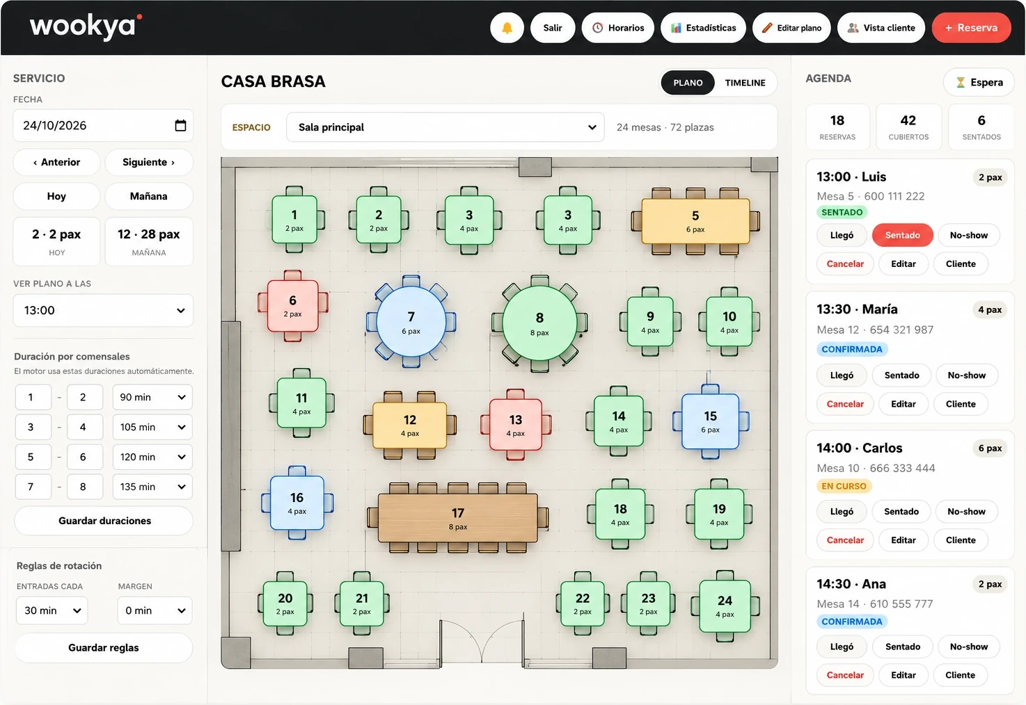 Captura real de WOOKYA en ordenador, plano de mesas y agenda
